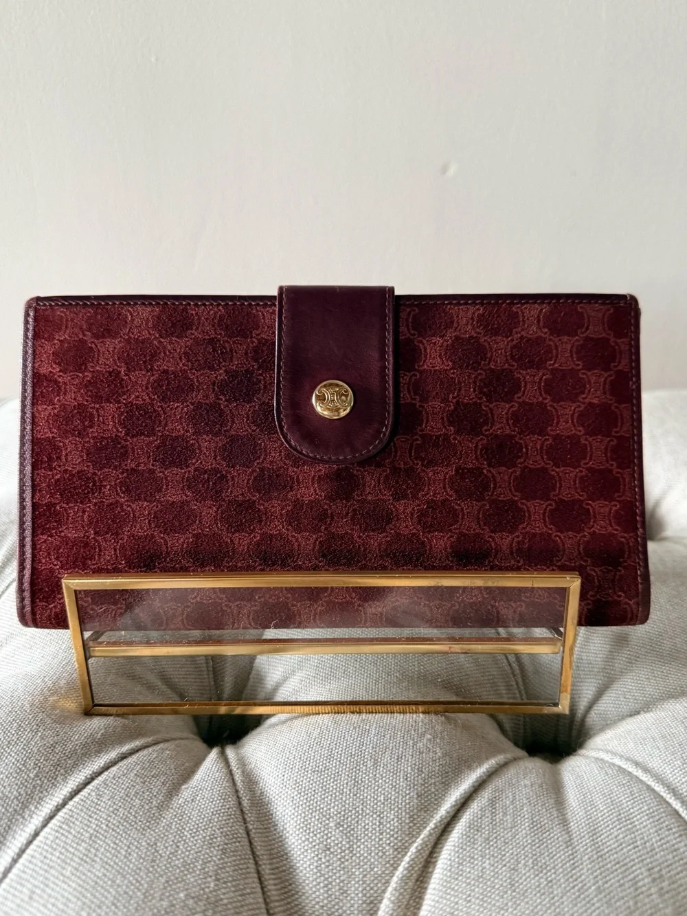 RARE Vintage Celine Triomphe Macadam Suede Long Wallet Bordeaux